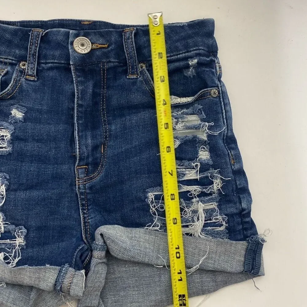 American Eagle Women's Dark Blue Curvy Hi-Rise Distressed Denim‎ Shorts Size 00